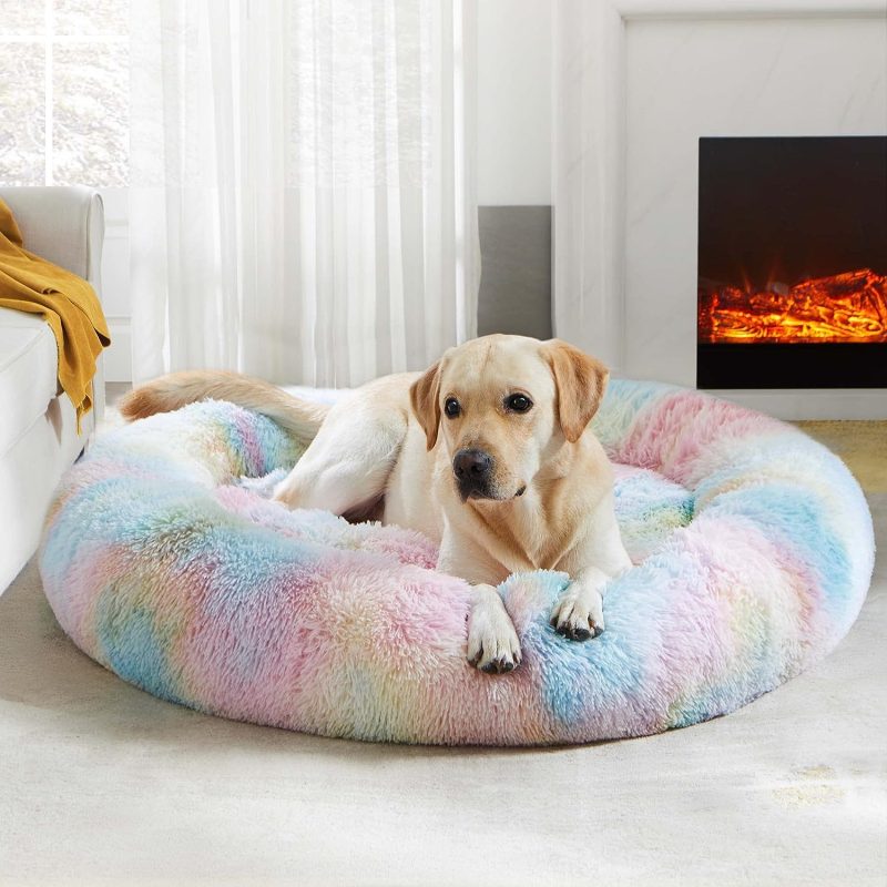 Calming Dog Bed & Cat Bed, Anti-Anxiety Donut Cuddler Warming Cozy Soft Round Fluffy Faux Fur Plush Cushion bed for Small Medium - Image 112