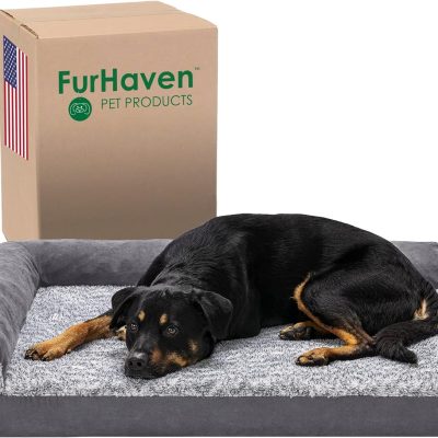 Furhaven Orthopedic Dog Bed for Large Dogs w/ Removable Bolsters & Washable Cover, For Dogs Up to 95 lbs - Two-Tone Plush Faux