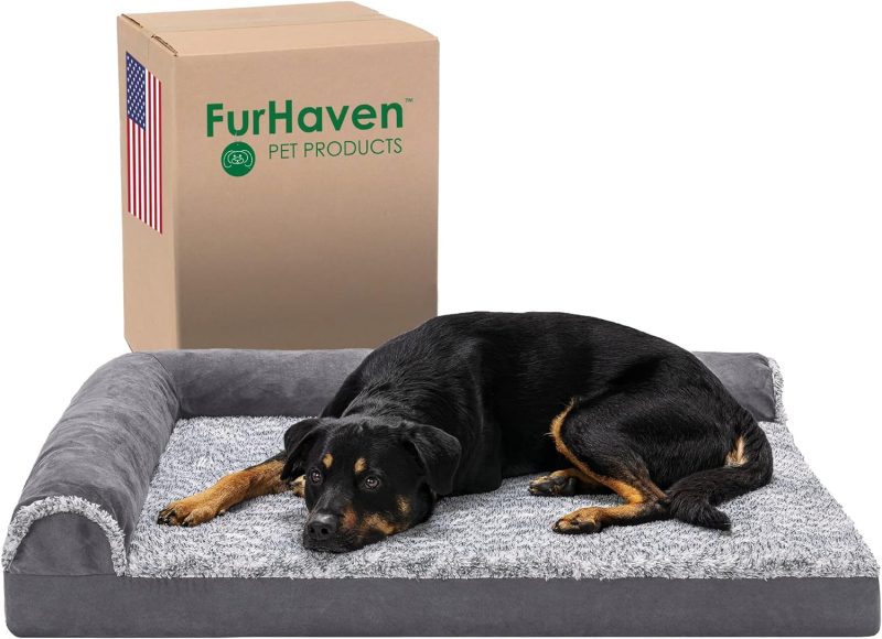 Furhaven Orthopedic Dog Bed for Large Dogs w/ Removable Bolsters & Washable Cover, For Dogs Up to 95 lbs - Two-Tone Plush Faux