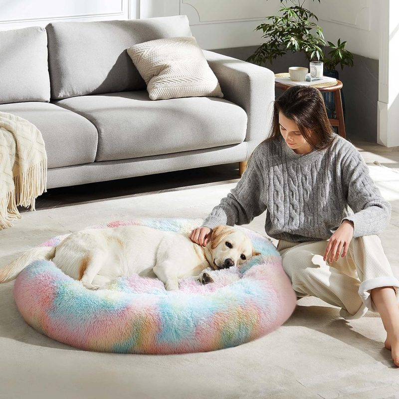 Calming Dog Bed & Cat Bed, Anti-Anxiety Donut Cuddler Warming Cozy Soft Round Fluffy Faux Fur Plush Cushion bed for Small Medium - Image 110