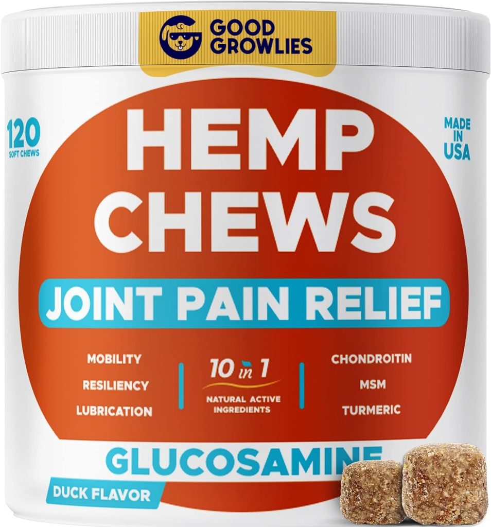 GOODGROWLIES Hemp Hip Joint Supplement for Dogs Glucosamine, Chondroitin, MSM, Turmeric, Hemp Seed Oil Hemp Protein for Joint Pain Relief Mobility 120 Soft Chews Bacon Flavor