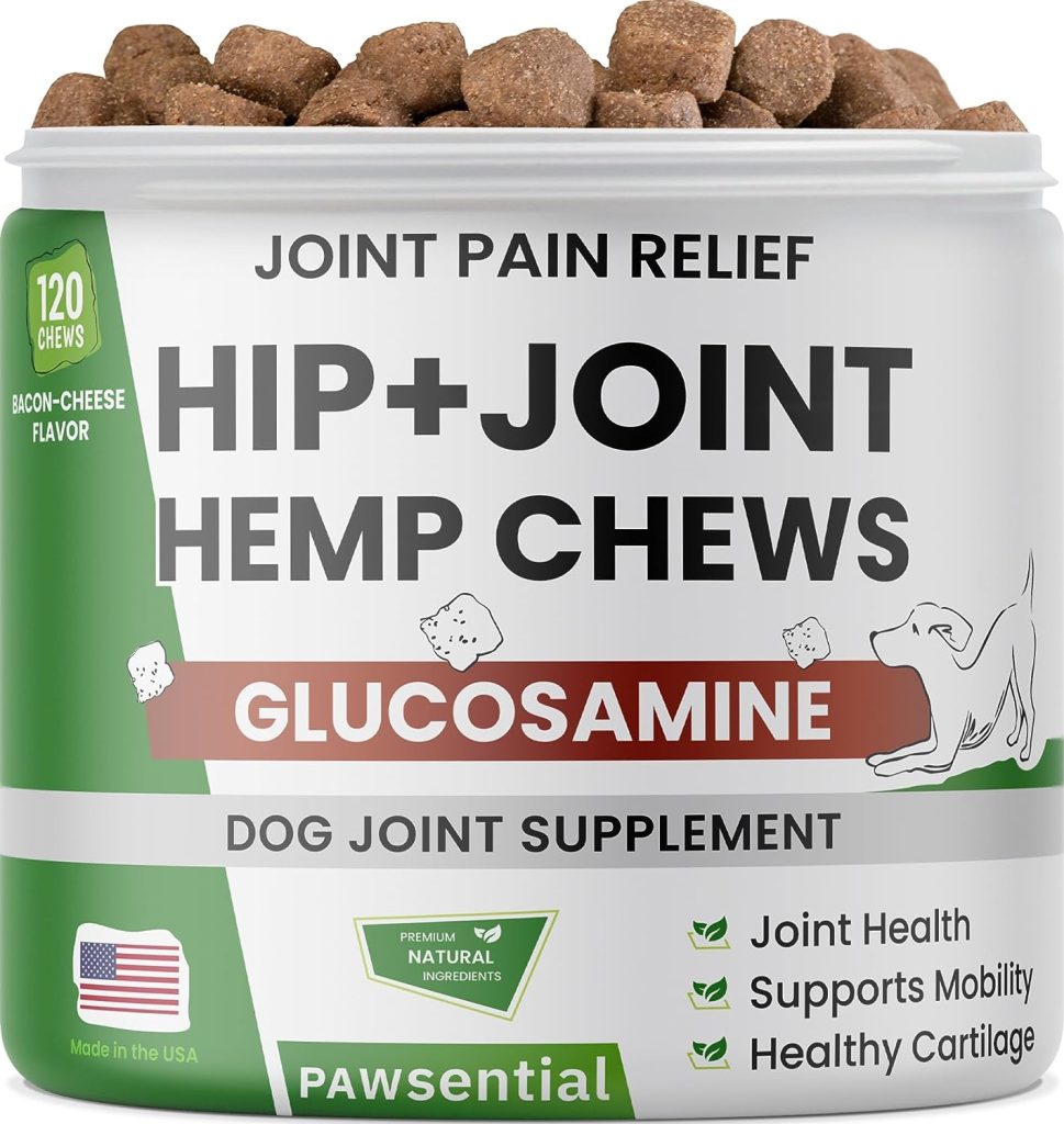 Hemp Dog Treats for Joints Health - Natural Joint Pain Relief - Glucosamine + Canine Hemp Hip and Joint Supplement w/MSM + Chondroitin + Hemp Oil + Omega 3 + Turmeric + Calcium - 120 Bacon Chews