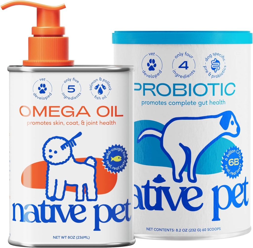 Native Pet Probiotic for Dogs  Omega Oil for Dogs| Vet Created Probiotic Powder for Dogs for Digestive Issues | 8 Oz. Omega Oil  8 Oz. Probiotic