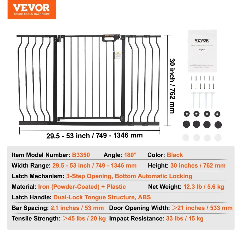 VEVOR Baby Gate, 29.5"-53" Extra Wide, 30" High, Dog Gate for Stairs Doorways and House, Easy Step Walk Thru Auto Close Child Gate Pet Security Gate with Pressure Mount Kit and Wall Mount Kit, Black - Image 6